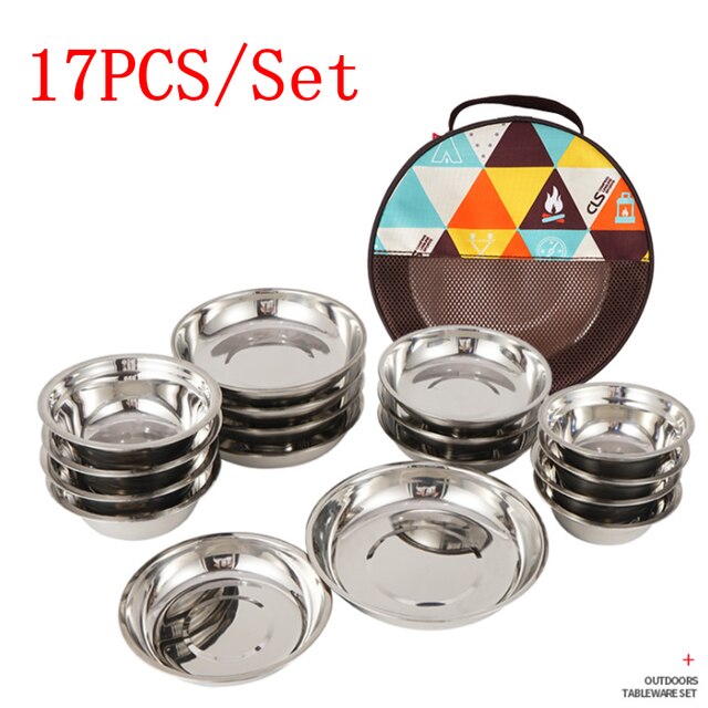 Ensemble de bols de Camping en acier inoxydable, 22 pièces/ensemble, vaisselle de pique-nique Durable en plein air, saladier, récipient de nourriture voyage: 17PCS Set