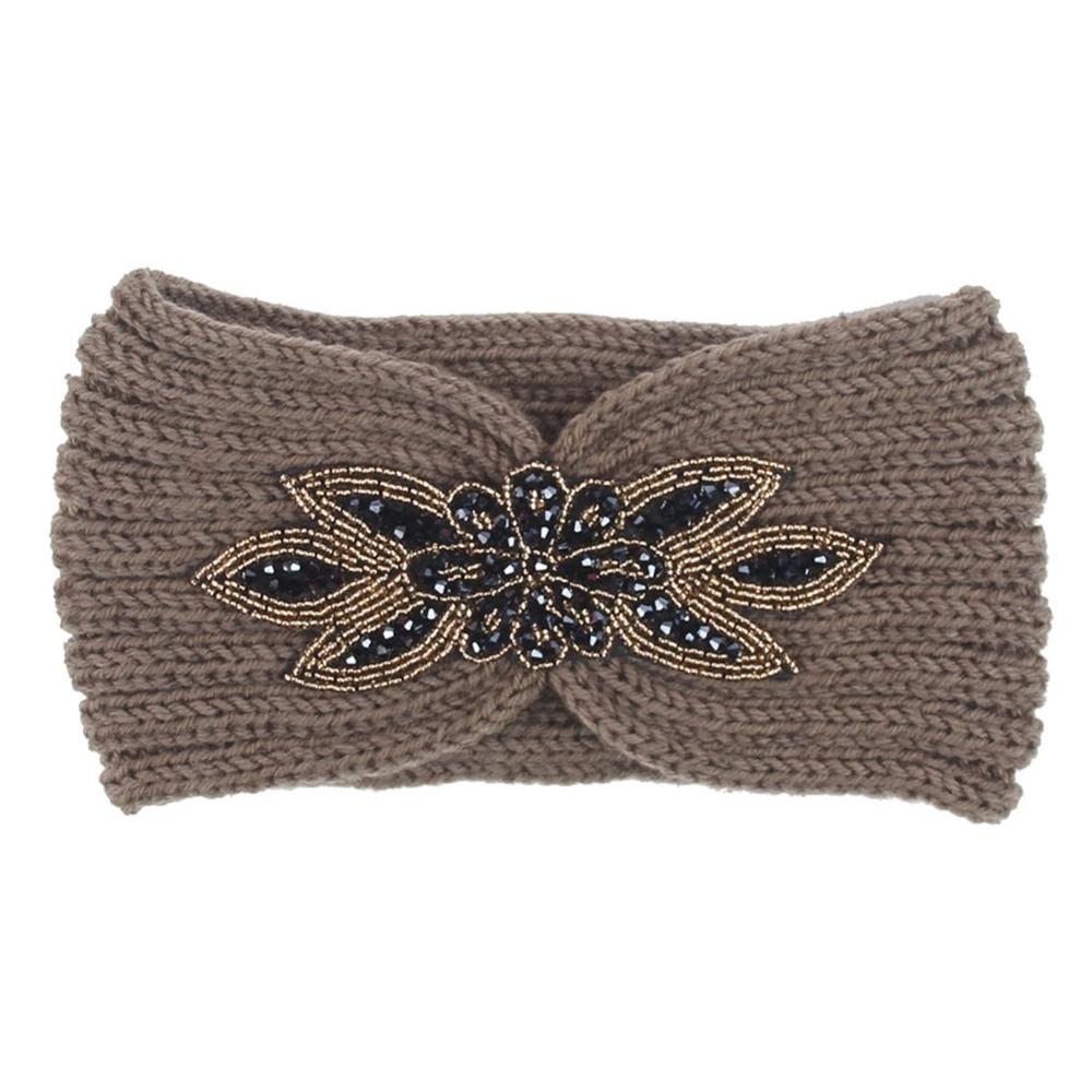 Winter Warmer Oor Gebreide Hoofdband Boog Strass Hoofddeksels Voor Vrouwen Meisjes Europese Effen Tulband Brede Haarband: Khaki