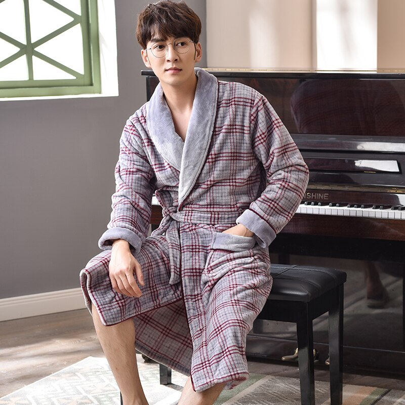 Plaid Robes pour hommes Super doux flanelle corail polaire longue Robe de bain hommes Kimono peignoir mâle Robe de chambre Robes