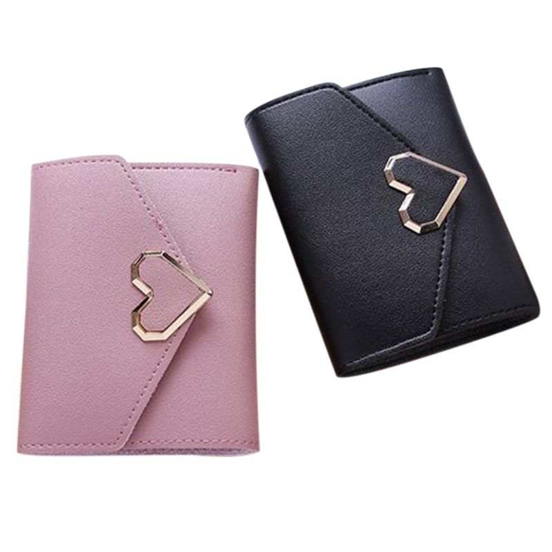 Women Wallets PU Leather Vintage Small Fresh Metal Heart-Shaped Lady Student Short Purse Women Small Simple Wallet