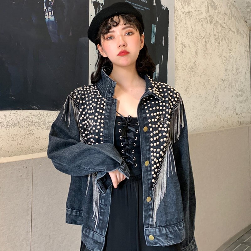 Femmes Denim Jakcet Rivet gland Jean vestes col rabattu simple boutonnage femme manteaux dames Streetwear tendance hauts: Black Grey / XL