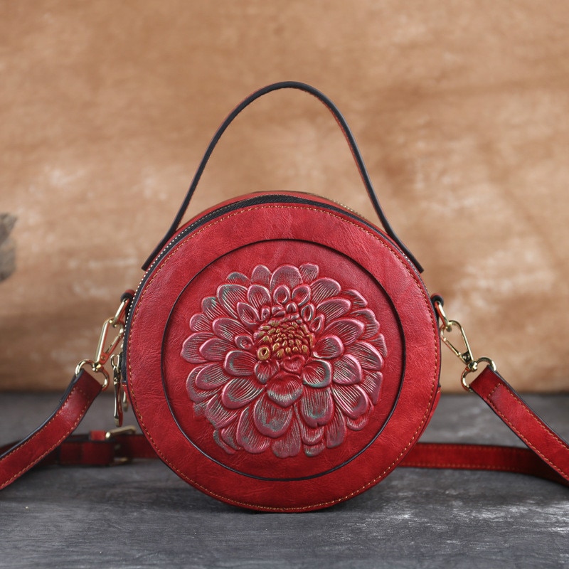 Johnature handgemaakte reliëf leren damestas met vintage bloemenprint, kleine handtas, luxe schoudertassen voor dames