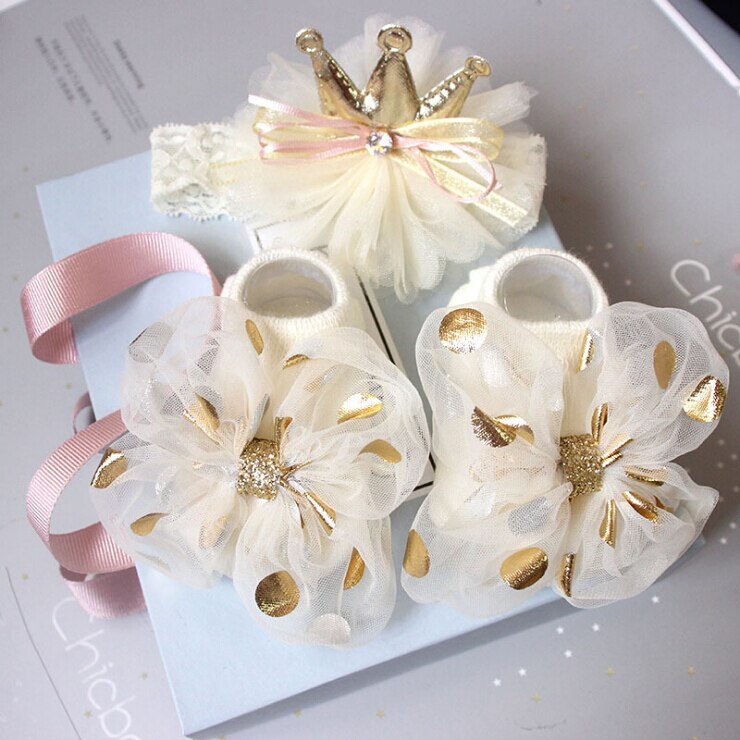 Newborn Baby Girl Lovely Socks Headband Set Flower Bowknot Crown Lace Headwrap + Booties Lace Cute Animal Decor Socks 2Pcs Set