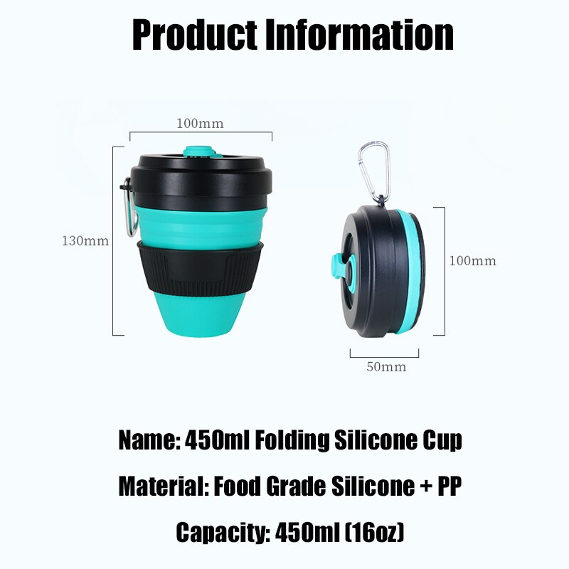 Tasses pliantes en Silicone | Tasses pliantes de 450ml, tasse à café en silice télescopique Portable avec couvercles voyage tout noir