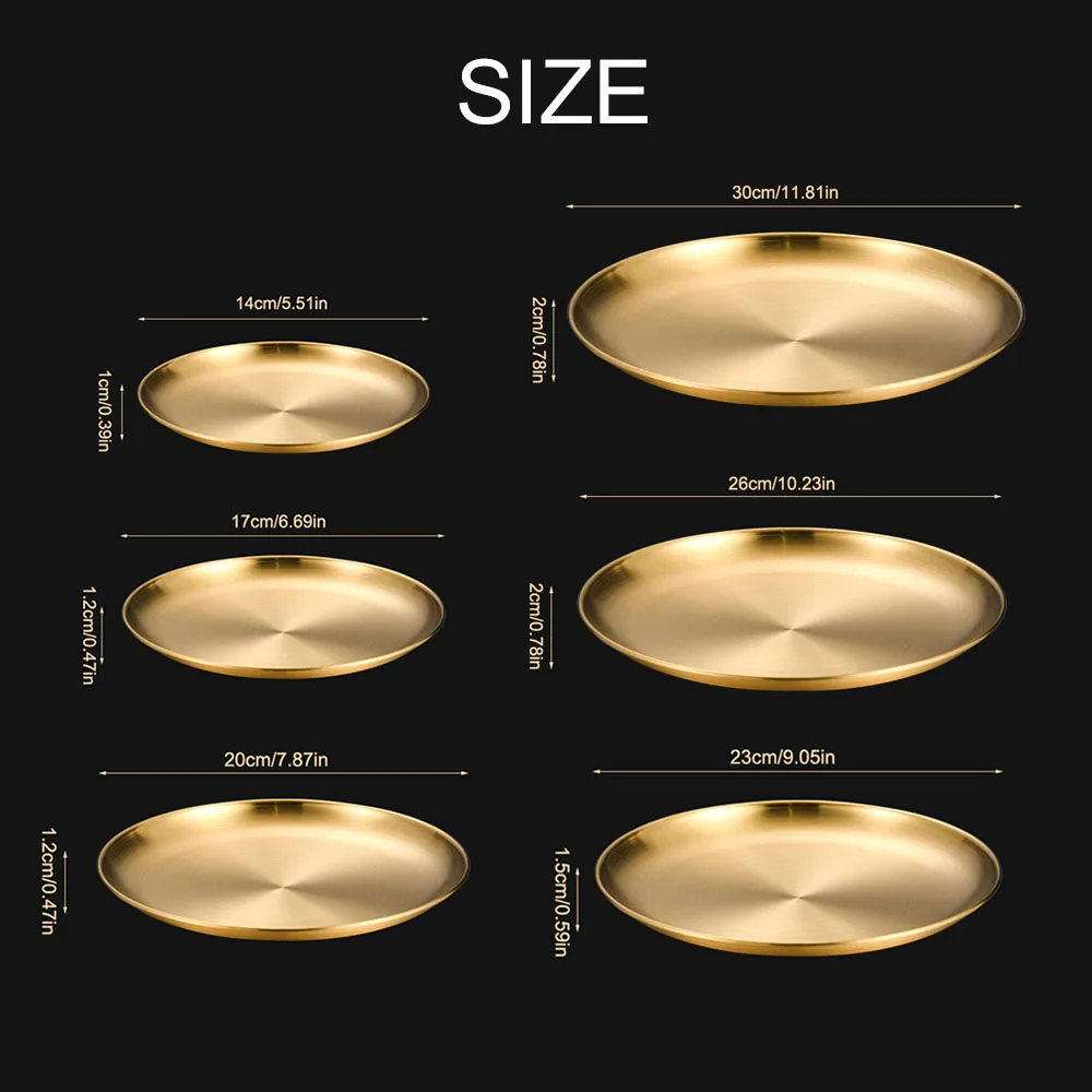 8 Stücke Edelstahl Runde Goldene Flache Tablett Platte Rostfrei 14/17/20/23/26 cm Camping Platte BBQ Picknick Gerichte Kochgeschirr