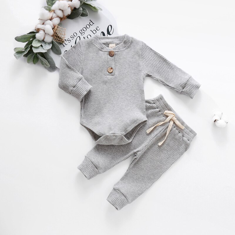 Casual 0-24M Newborn Baby Clothes 2Pcs Cotton Comfortable Solid Infant Boys and Girls Suit Long Sleeve Romper+ Pants