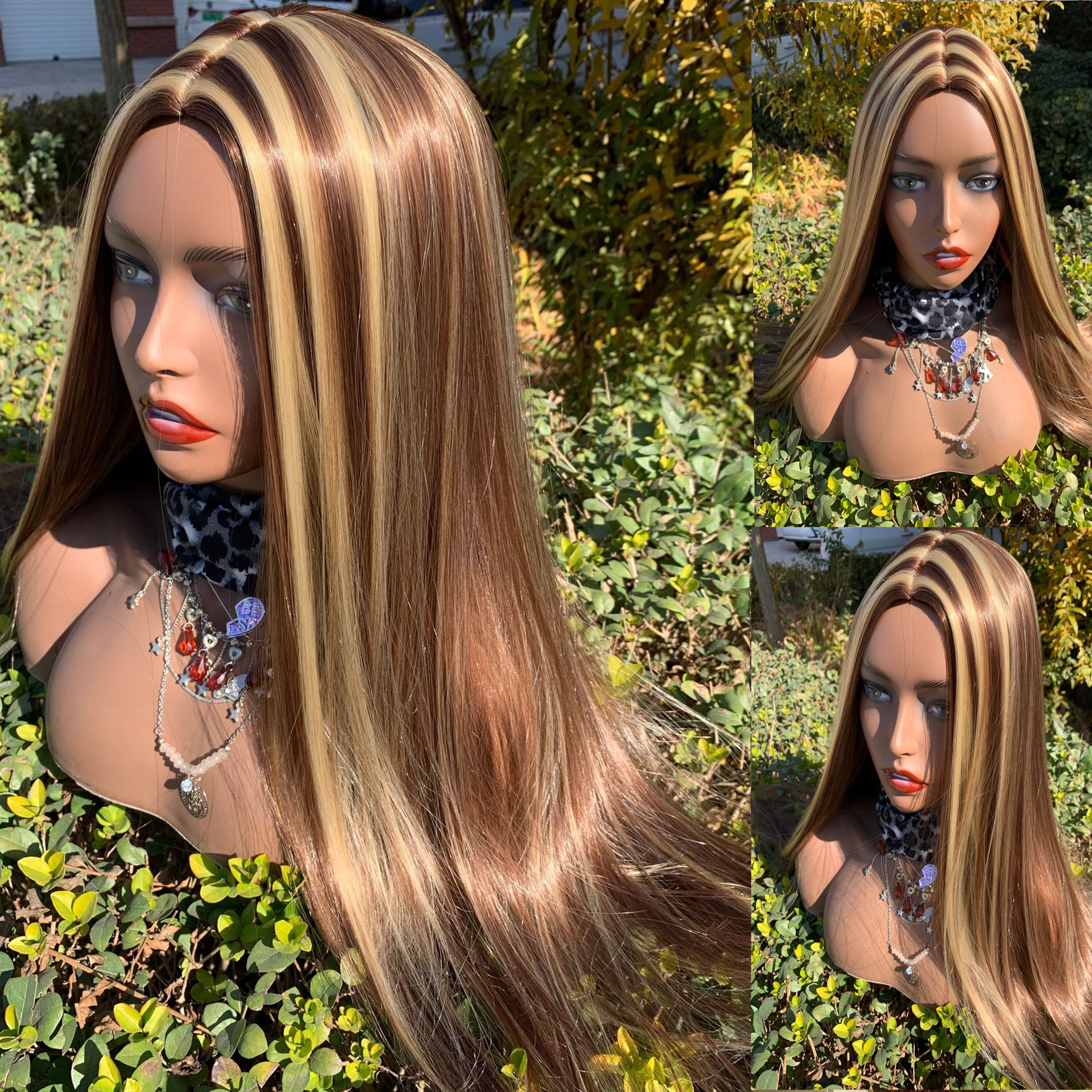 4/27 Ombre Highlight Synthetic Wig Long Brown Honey Blond Color Fiber Hair For Black Women With Natural Middle Part