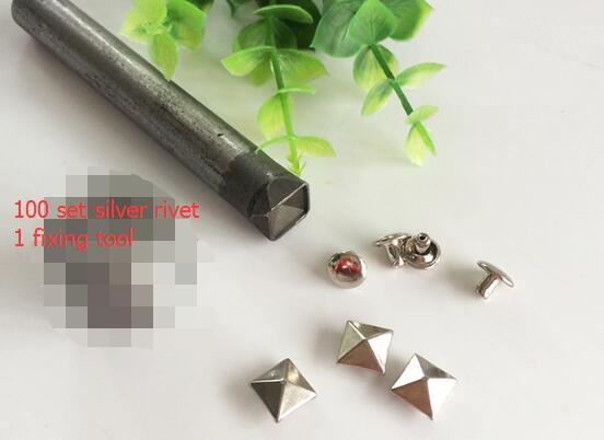 1set Square Rivet Fixing tool kit+ 100set 8 Pyramid Studs Rivet Nailhead Spike Square Leather Craft DIY Rock Punk: Silver