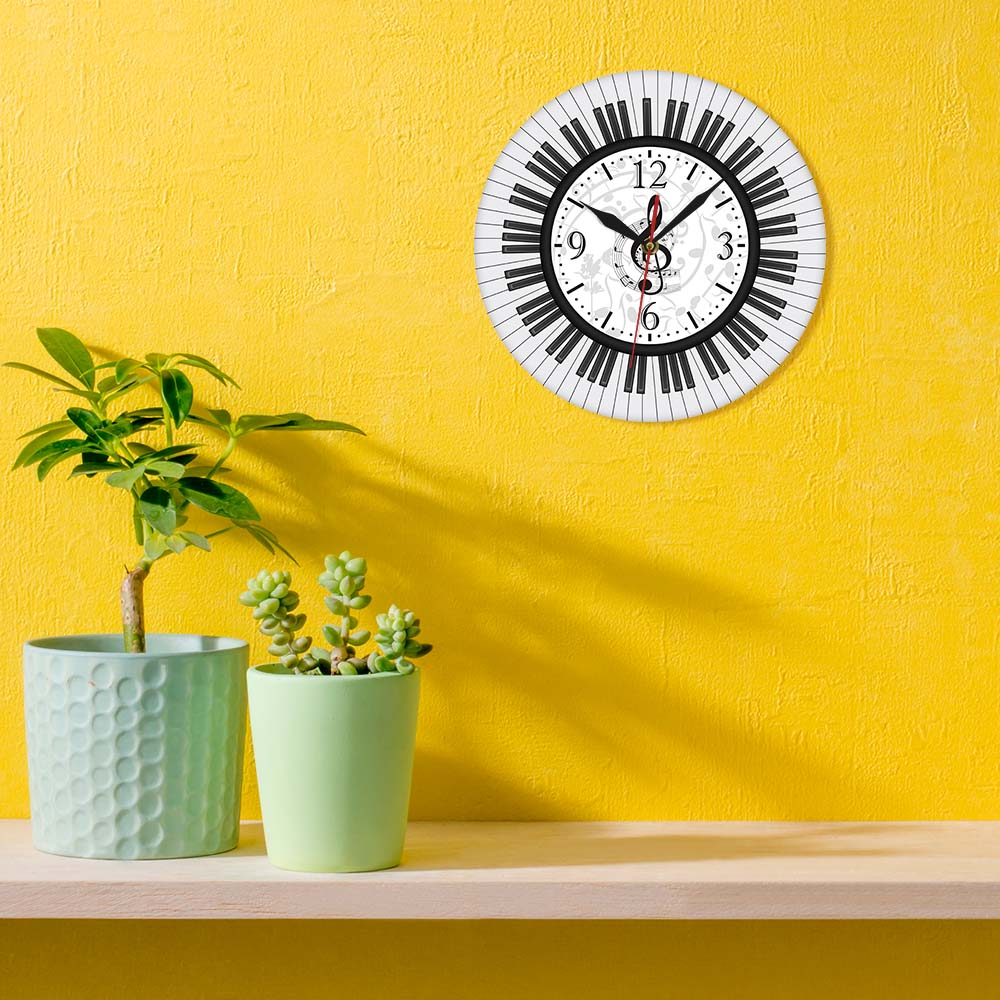 Rounded Piano Keyboard Treble Clef Wall Art Printed Acrylic Wall Clock Musical Notes Wall Watch Music Studio Decor Pianist