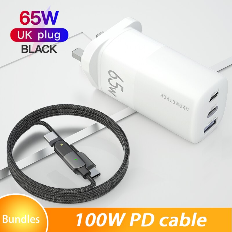 Gan 65w carregador rápido qc3.0 tipo c pd parede de carregamento dupla carga usb carregador rápido adaptador para iphone 11 xiaomi portátil huawei: UK White with cable