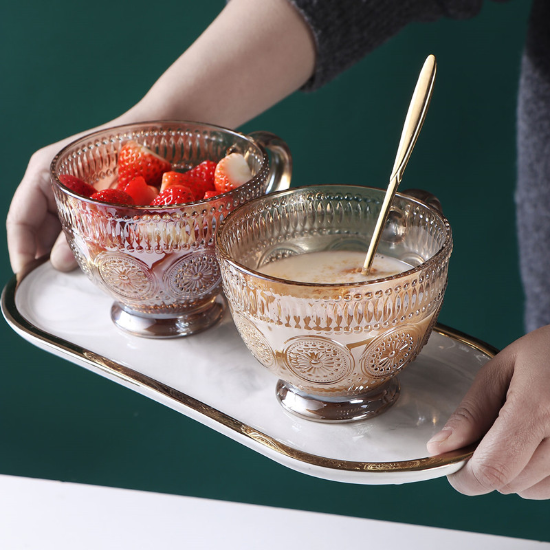 Embossed Sunflower Glass Cup Transparent Milk Breakfast Drinkware Water Cup with Handle Large-Capacity Oatmeal Mug