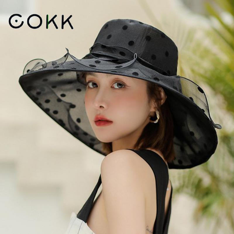 Cokk Zomer Hoeden Voor Vrouwen Mode Dot Patroon Grote Grote Kant Garen Rand Zonnescherm Zonnehoed Ademend Opvouwbare Gorro 2022