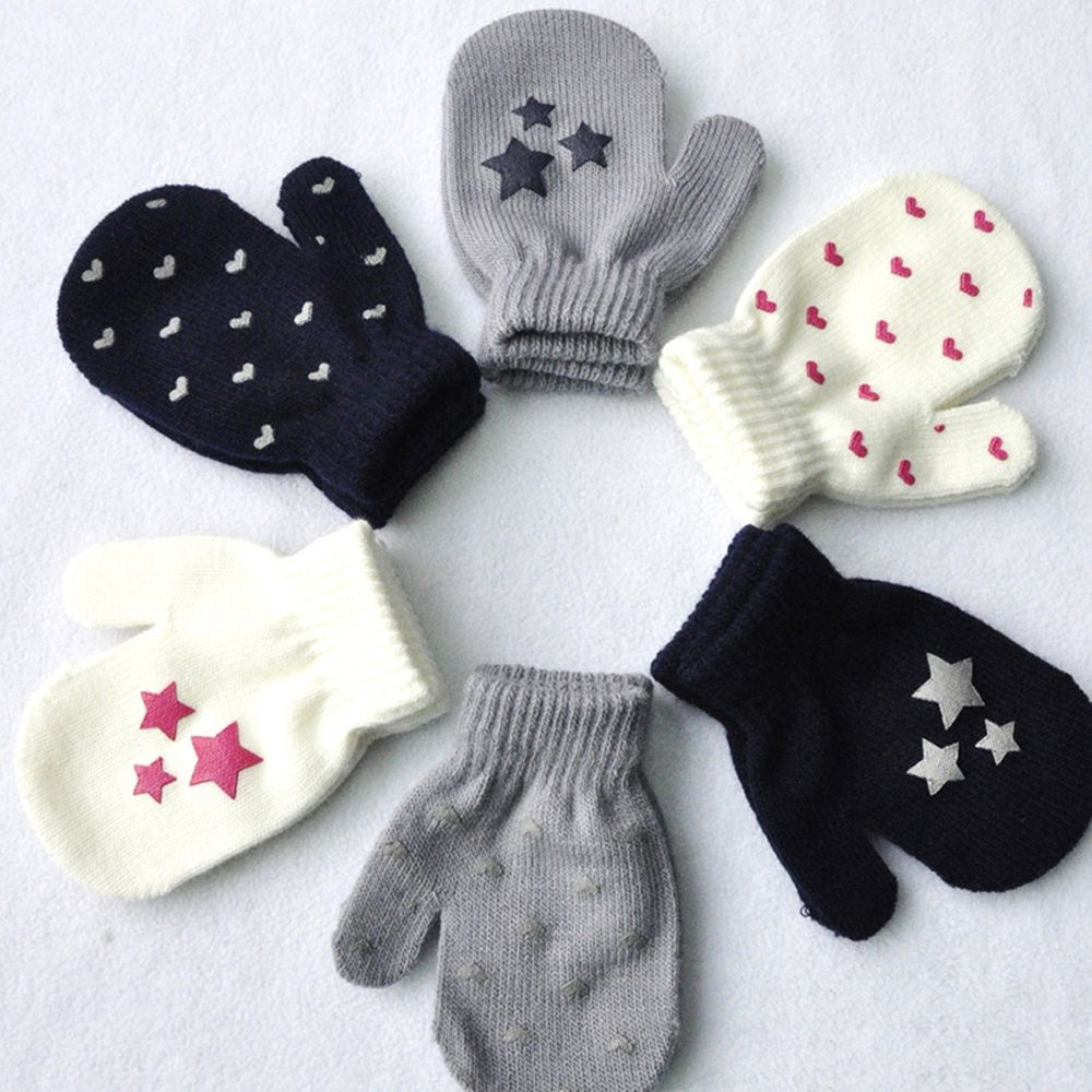 Los niños Punto Corazón estrella patrón mitones suave, de punto cálido guantes niños dedo completa guantes de invierno