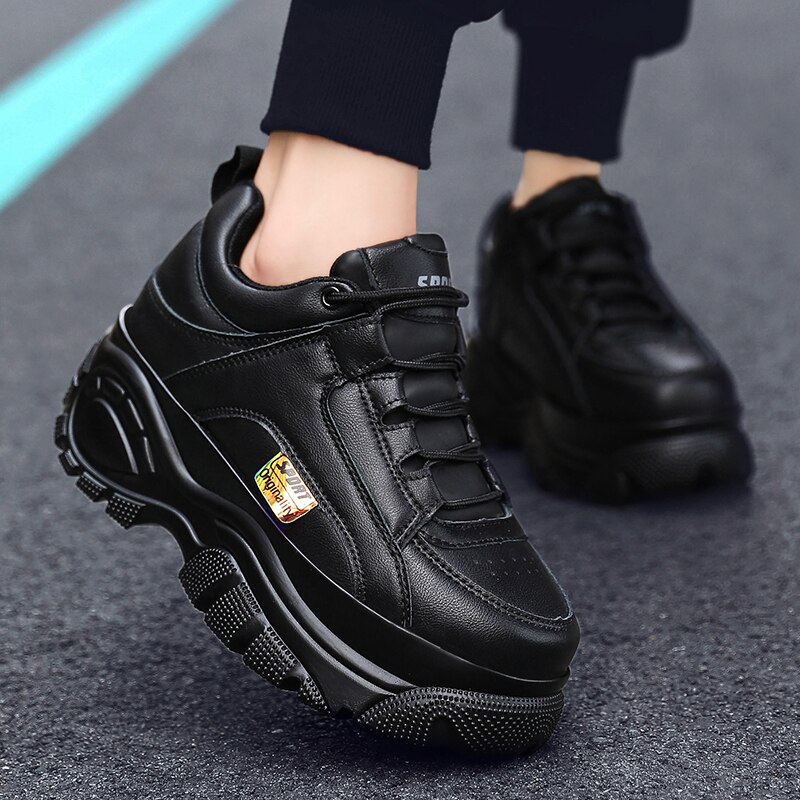 Tyk sål kvinder sneakers læder platform kvindelige fritidssko chunky sneakers efterår vinter kvinder creepers  xu128