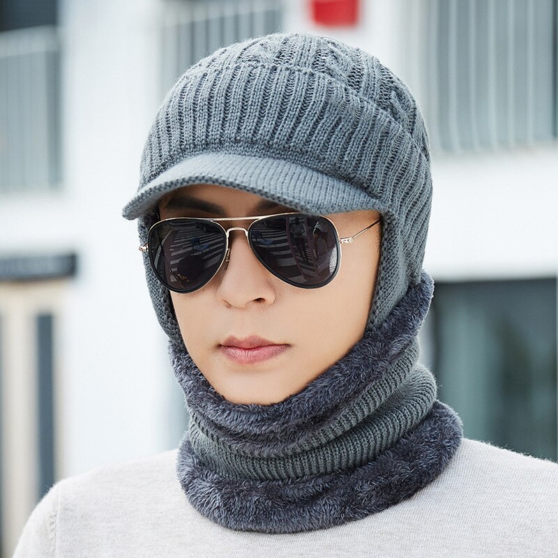 Unisex Mannen Vrouwen Winter Warm Hat Nek Warmer Ambachten Knit Visor Beanie Fleece Gevoerde Ear Flap Cap-Opk: GRAY