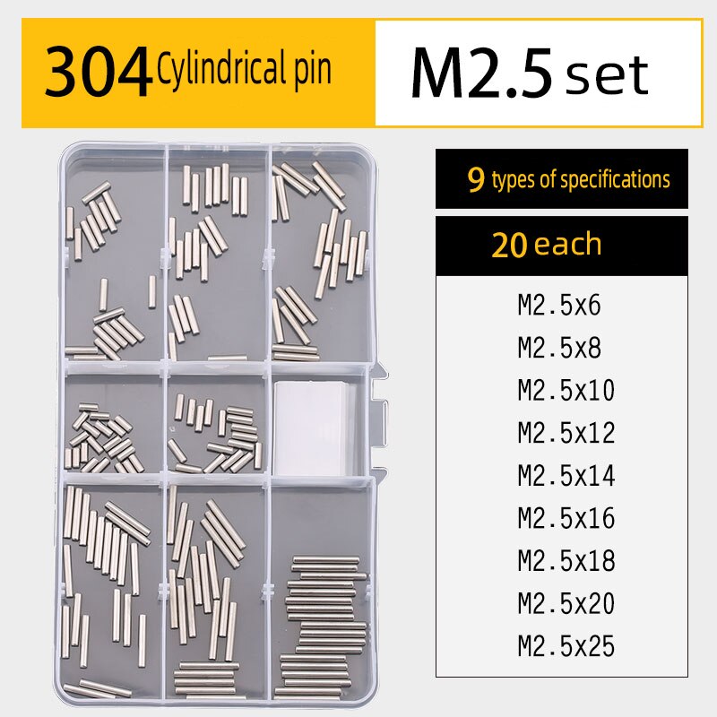 Pin key set DIY boxed 304 stainless steel cylindrical pin elastic pin split pin multi-specification combination set: Cylindrical(pinM2.5