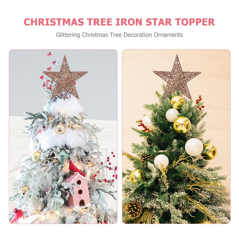 Amosfun 20cm Christmas Tree Iron Star Topper Glittering Christmas Tree Decoration Ornaments (Rose Gold)