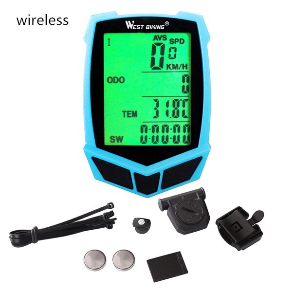 WEST vélo sans fil vélo ordinateur 20 fonctions compteur de vitesse odomètre vélo ordinateur sans fil + vélo chronomètre vélo ordinateur: Blue Black Wireless