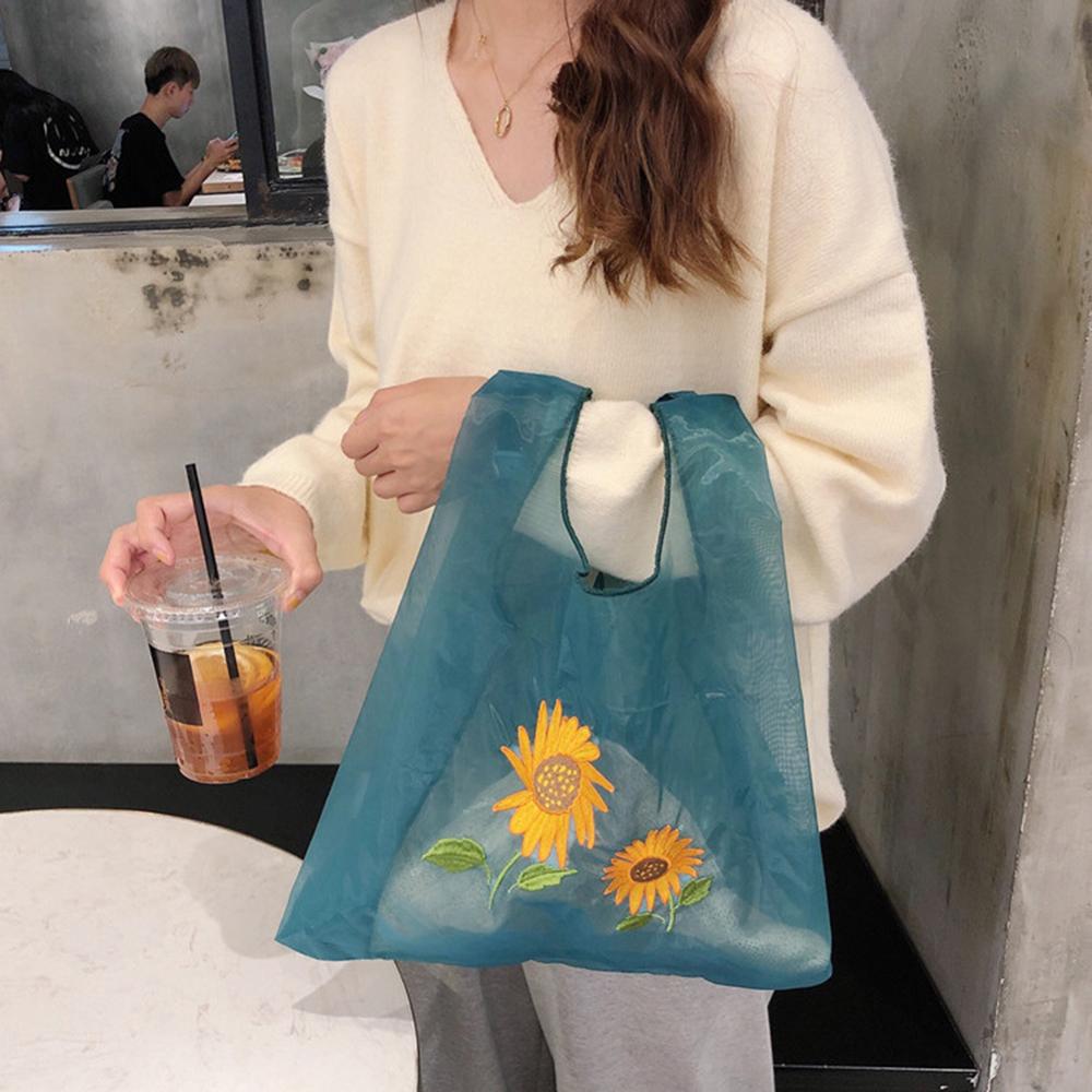 Spring Women Small Transparent Tote Mesh Cloth Bag Daisy Embroidery Handbag Eco Fruit Bag Purse For Girls: Style E-Green