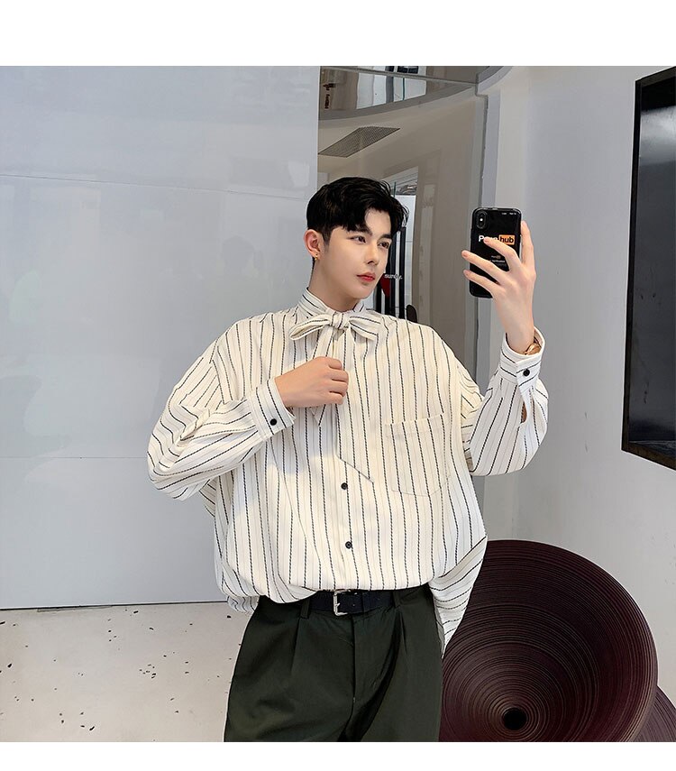 / herenkleding strik kraag gestreept overhemd lente zomer losse lange mouwen grote maten koreaanse tops casual tide 9 y 1721