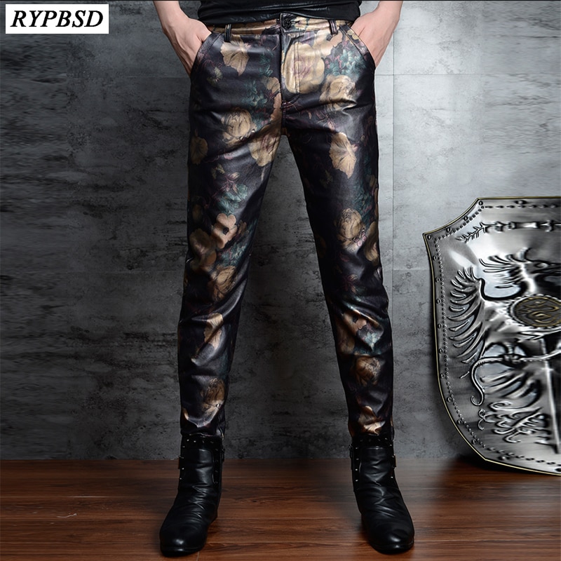 Pantalon en similicuir homme, imprimé floral, bonne pour motard, Skinny 28-36, fermeture éclair, style décontracté