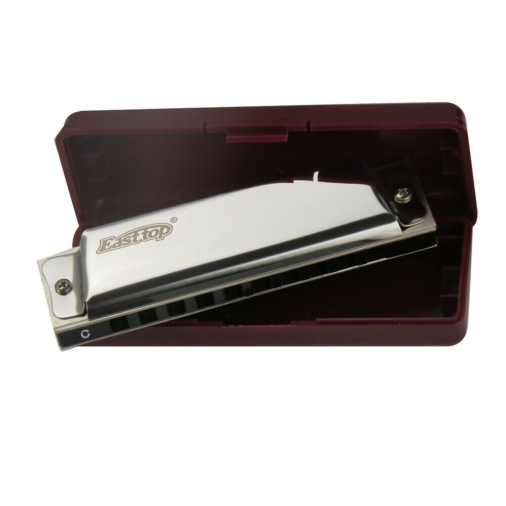 East Top Geavanceerde diatonische harmonica sleutel van C, 10 gaten blues harmonica mondharmonica met zilveren hoes