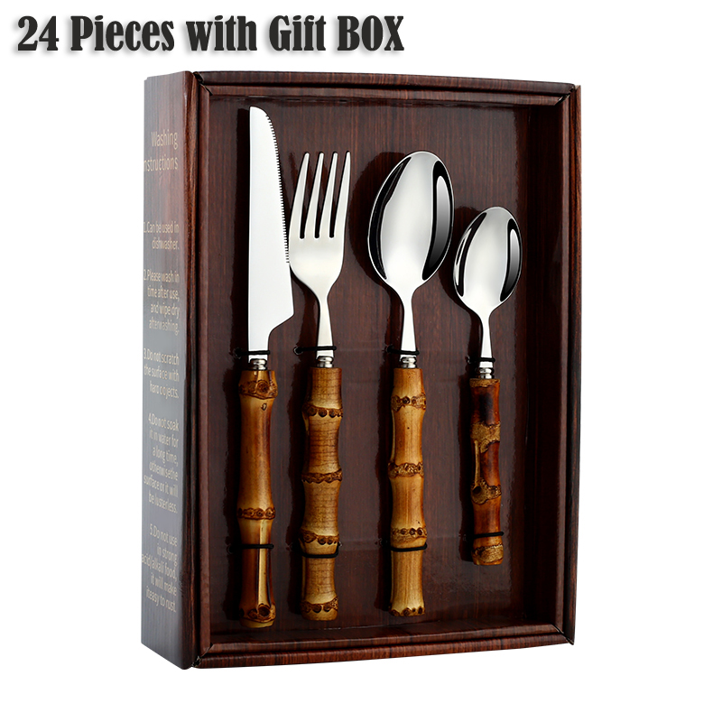 4-24Pcs Natural Bamboo Tableware Set Stainless Steel Includes Fork Knife Spoon Set Flatware With Box Dinnerware Cutlery Set: 24 Pcs Silver