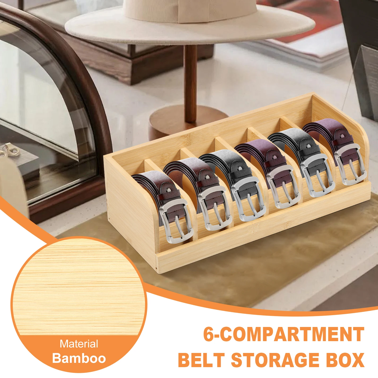 Bamboo 6 Grids Belt Organizer Tie Storage Box Watch Storage Display Box
Wardrobe Accessories Supplly Storage Box for Men Women