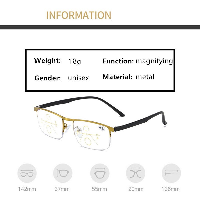 Men Women Progressive Multifocal Reading Glasses Bifocal Magnifying Presbyopic Glasses Metal Anti Blue Ray Square Frame 2.0