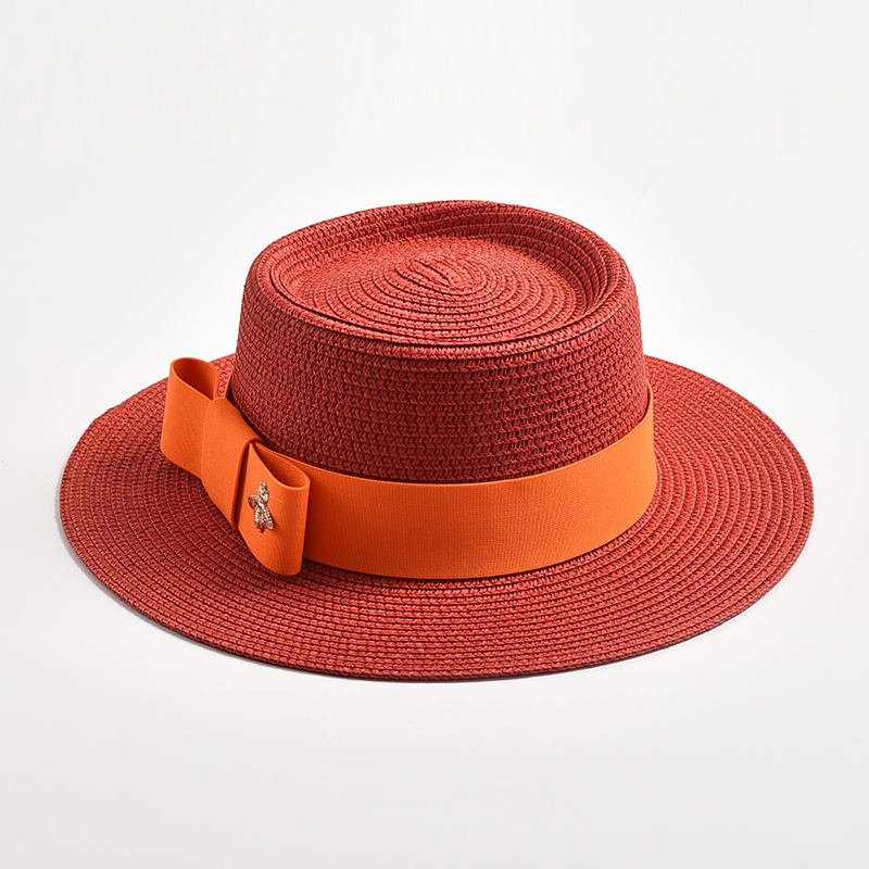 Sombreros de paja para mujer, sombrero de paja redondo con superficie irregular, Top plano con lazo, vestido, Gorra de viaje para playa, novedad de primavera y verano: Rojo