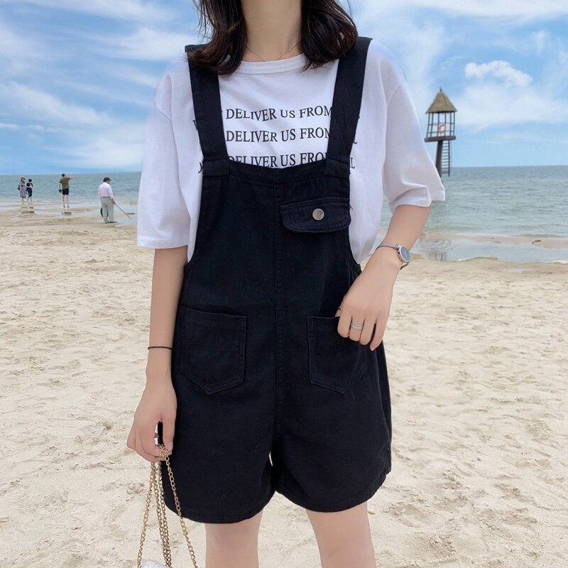 Kvinders plus size denim overalls sort høj talje all-match college stil veninder lomme justerbare overalls