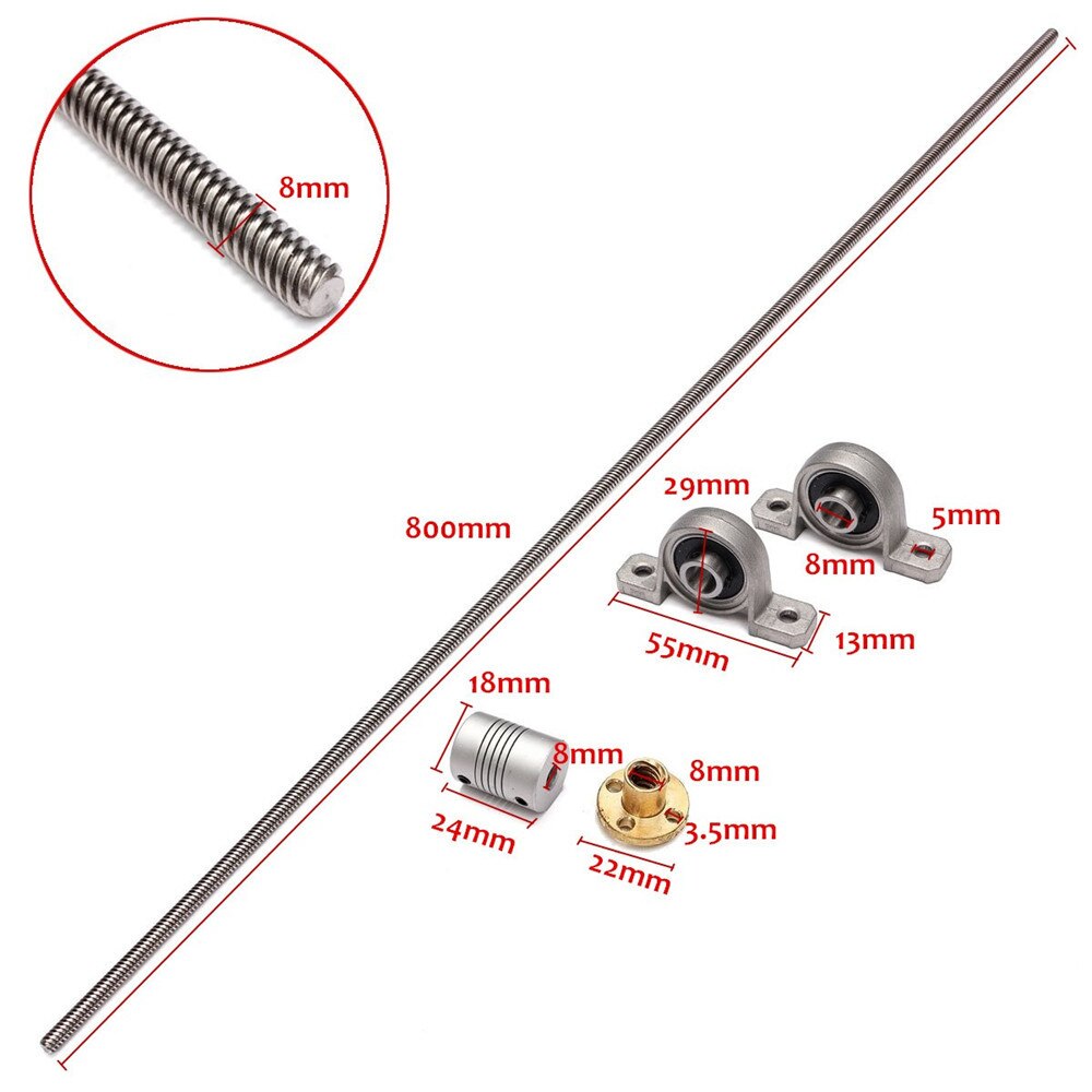 CNC T8 Lead Screw 800mm 8mm + Brass Copper Nut + KP08 or KFL08 Bearing Bracket +Flexible Coupling