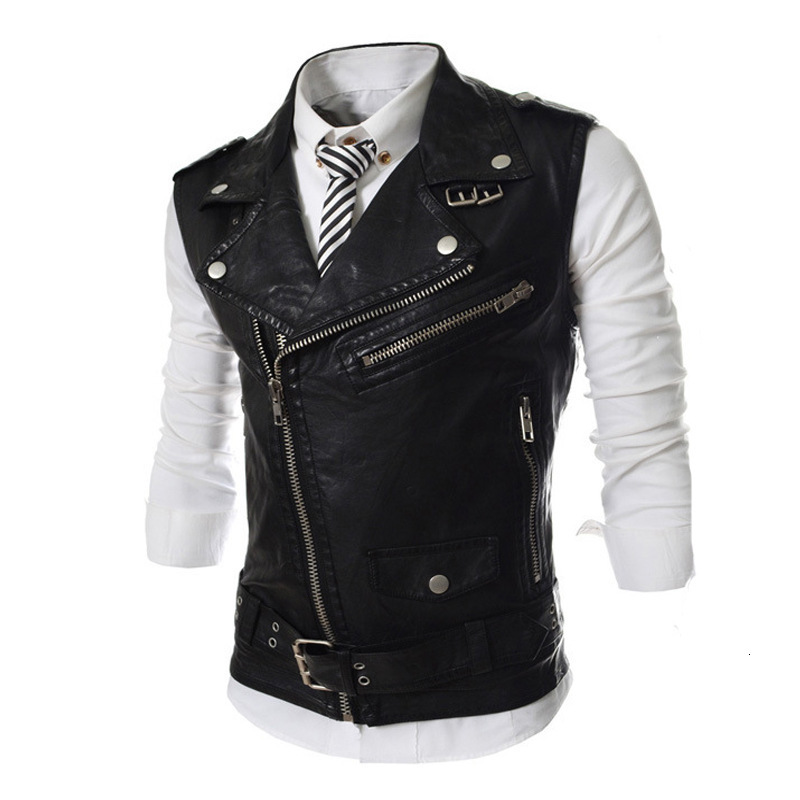 Summer Mens Casual Vest PU Leather Lapel Collar Male Zipper Vest Slim Fit Sleeveless Chalecos Para Hombre