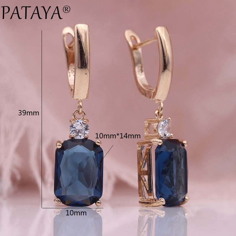 PATAYA Square Dark Blue Long Earrings Women Wedding Jewelry 585 Rose Gold Hollow Multicolor Natural Zircon Dangle Earrings