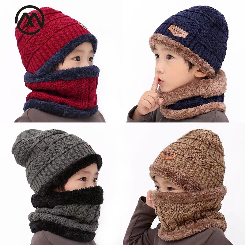 Winter Warm kinderen Gebreide Muts Plus Fluwelen Warm Bib Ski Masker Jongen/Meisje Hoed Schattige Baby Zachte Hoed peas Sjaal Fluwelen Hoofddeksels