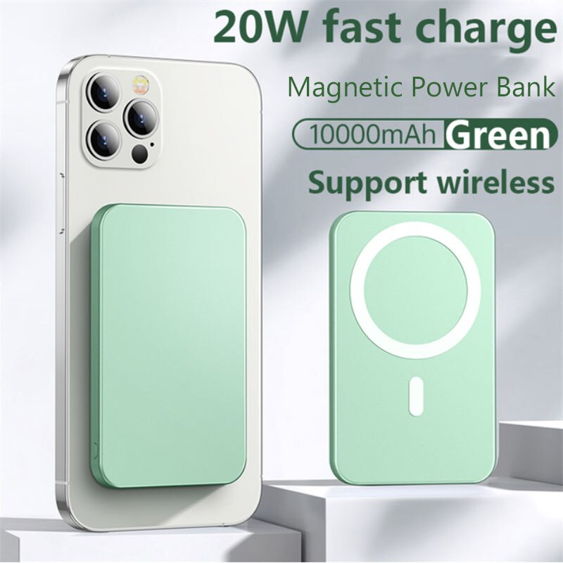 10000mAh Magnet For iPhone 12 12pro max 12mini Battery Pack Magnetic 15W Fast Wireless Power Bank Chargers External Battery: 10000mAh Green