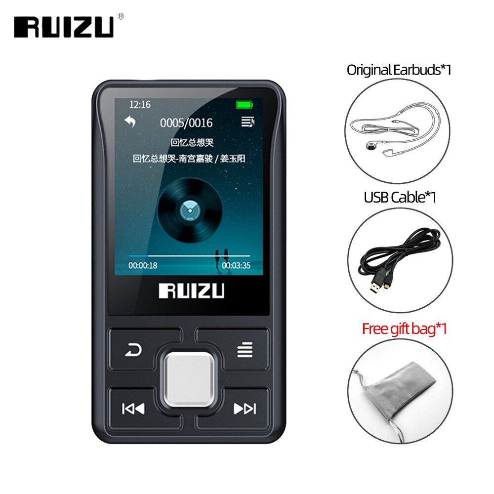 RUIZU-REPRODUCTOR DE música funcional X55 Clip Sport, portátil, con Bluetooth, MP3, 8GB, pantalla a Color, compatible con tarjeta TF, FM, grabación HD,: Black