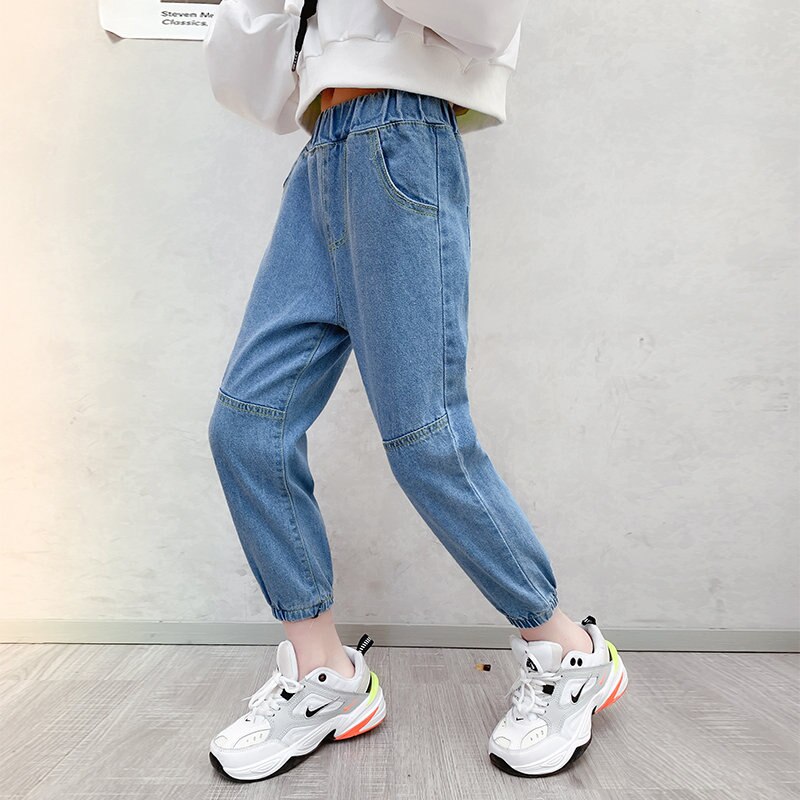 Spring Autumn Loose Leisure Jeans For Girls Children Blue Jeans Sport Kids Female Denim Pencil Trousers 4-13Years Old