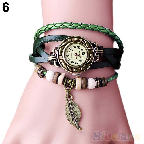 Women's Watch Retro Leather Bracelet Tree leaf Decoration Wrist Watch Ladies Quartz Watch relogio feminino часы: Green