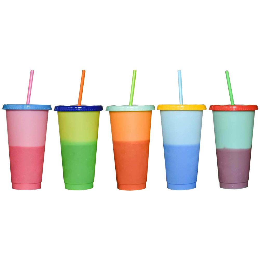 5PCS Reusable Color Changing Cold Cups Plastic Tumbler With Lid Durable Discoloration Changing Colour Cup With Straws Set