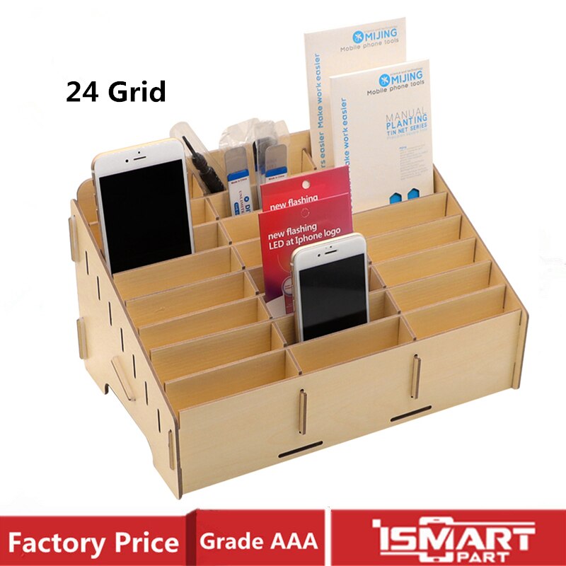 Desktop Phone Screen Storage Box Wooden Phone Holder Phone Repair Management Organizer 24 Grid Storage Tool