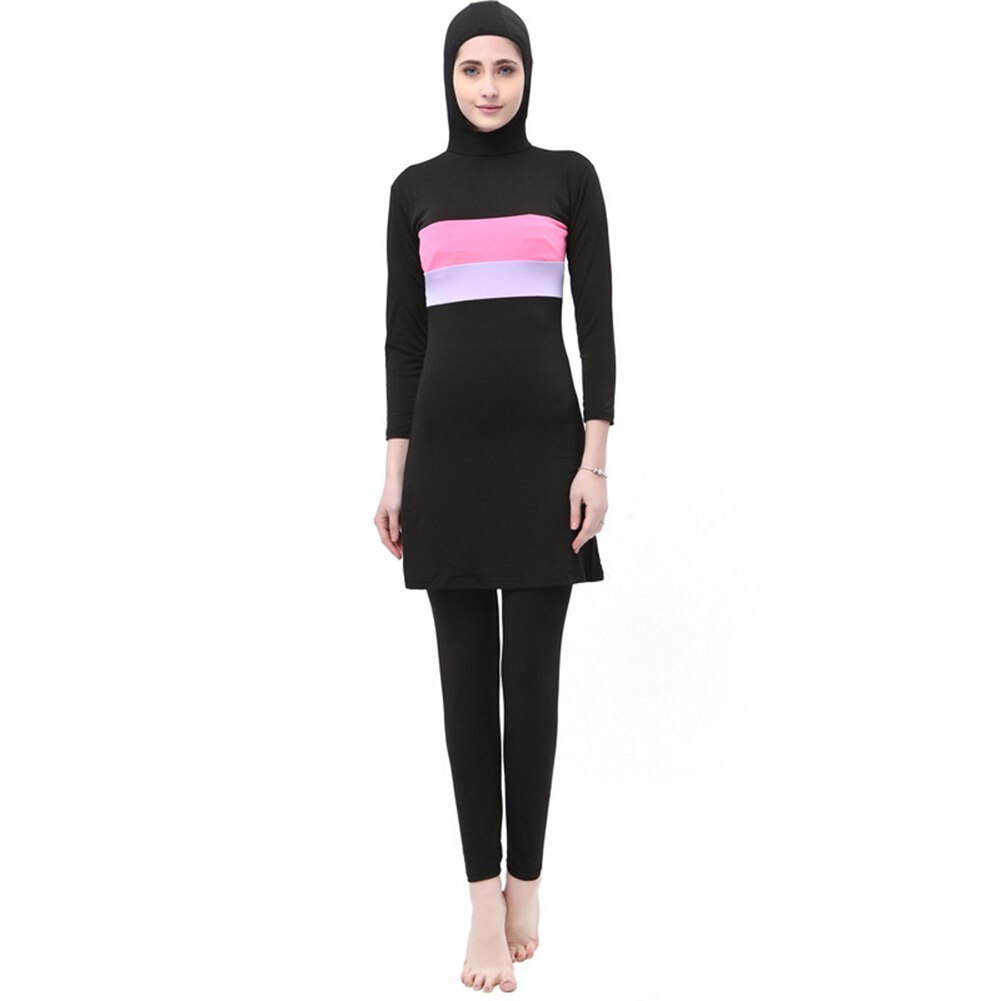 Women Long Sleeve Beachwear for Muslim Contrast Color Hooded Arab Hijab Islamic Swim Surf Wear Burkinis Suit Swimsuit Plus Size