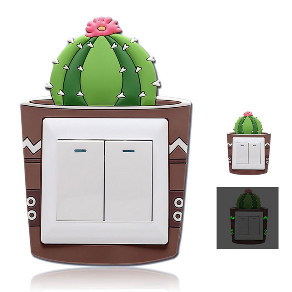 Autocollants pour interrupteur mural Fluorescent en Silicone, 1 pièce, mignon dessin animé Cactus 3D, décoration de la maison