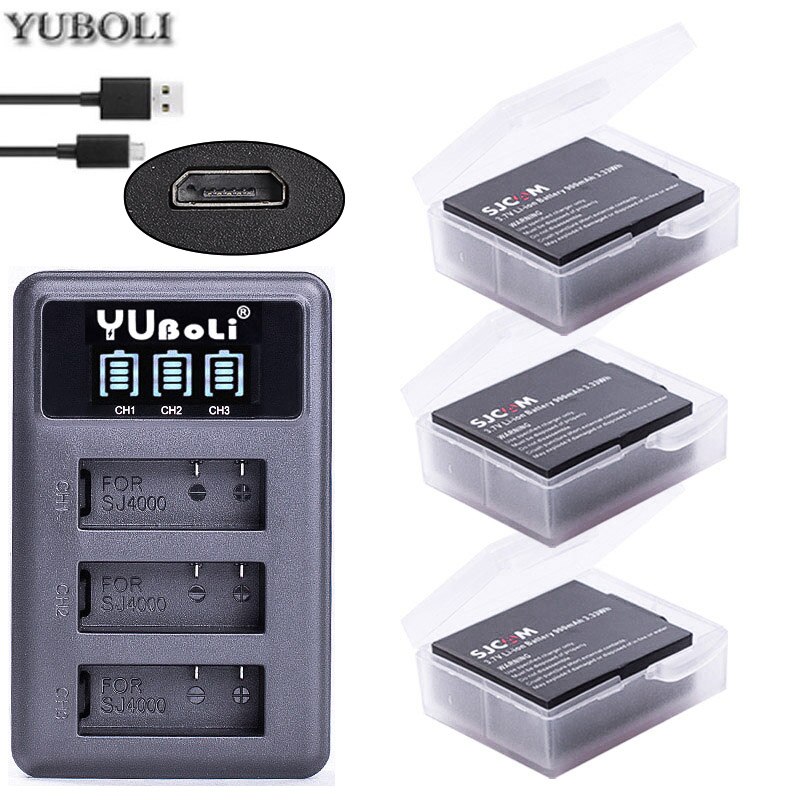 3.7v 900mah sjcam SJ4000 Battery For SJCAM sj4000 sj 4000 SJ5000 6000 7000 8000 sj9000 C30 M10 action Camera Bateria: charger and 3battery