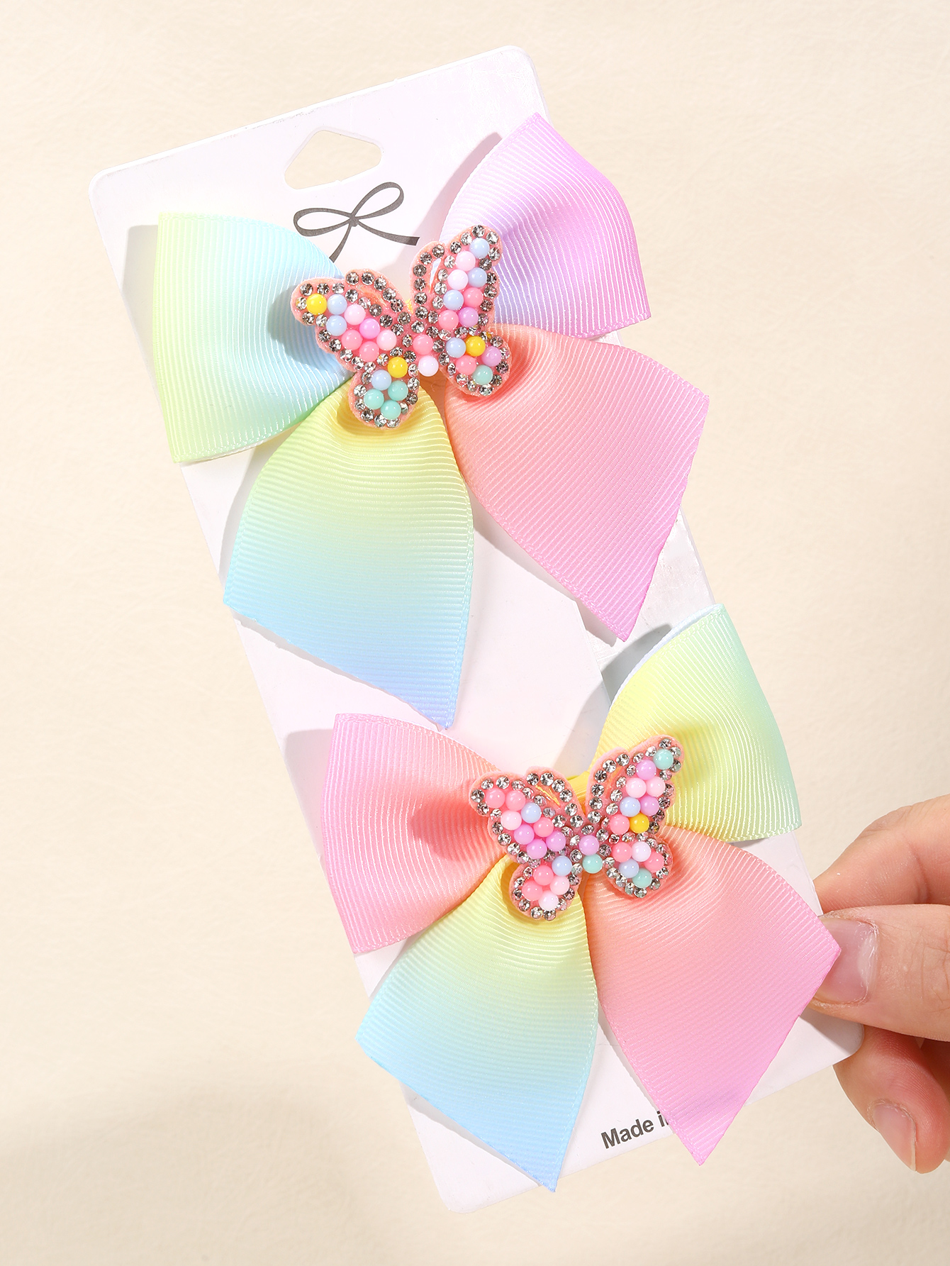 Lazo de pelo de arcoíris para niña, 2 piezas, cinta de grogrén degradado, pinzas para el pelo con cuentas de diamantes de imitación, mariposa, accesorios para el cabello