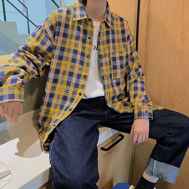 Spring And Autumn Ins Port Wind Loose Casual Lattice Super Fire Shirt Retro Wild Jacket Yellow / Coral Red M-5XL