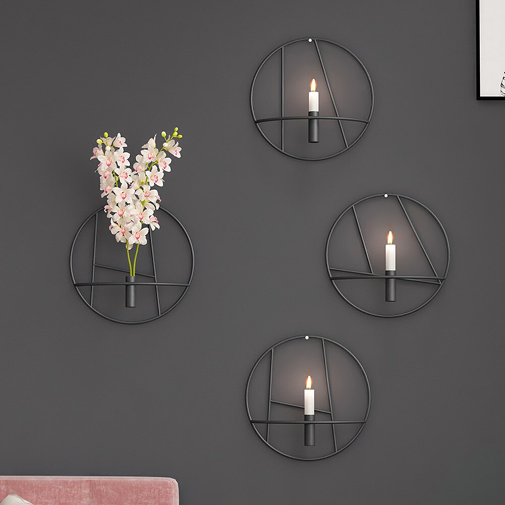 Modern Art 3D Circle Metal Candle Holder Wall Hanging Home Decoration Flower Vase Tea Light Art Crafts Geometric Candlestick