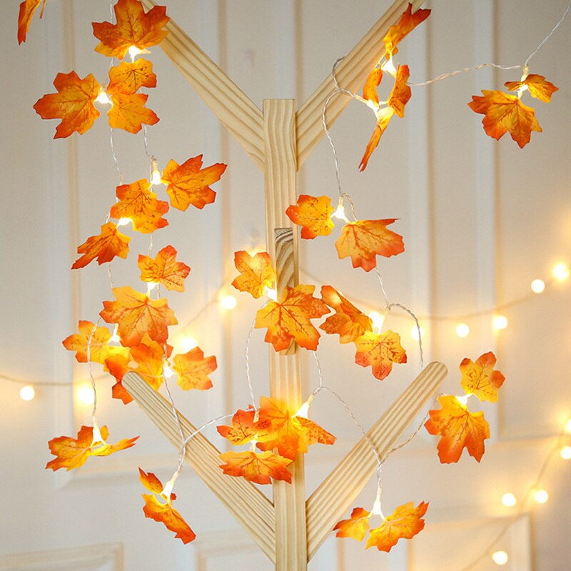 Guirnalda de Hojas de arce artificiales de otoño, decoración de guirnaldas de luces Led para Navidad, Acción de Gracias, decoración para fiestas para montar Halloween, 2M, 10Led