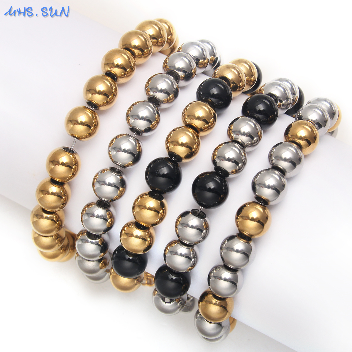 MHS.SUN-pulsera de cuentas lisas impermeable, brazalete ajustable de bolas redondas de acero inoxidable, Color dorado y plateado, joyería de Unisex
