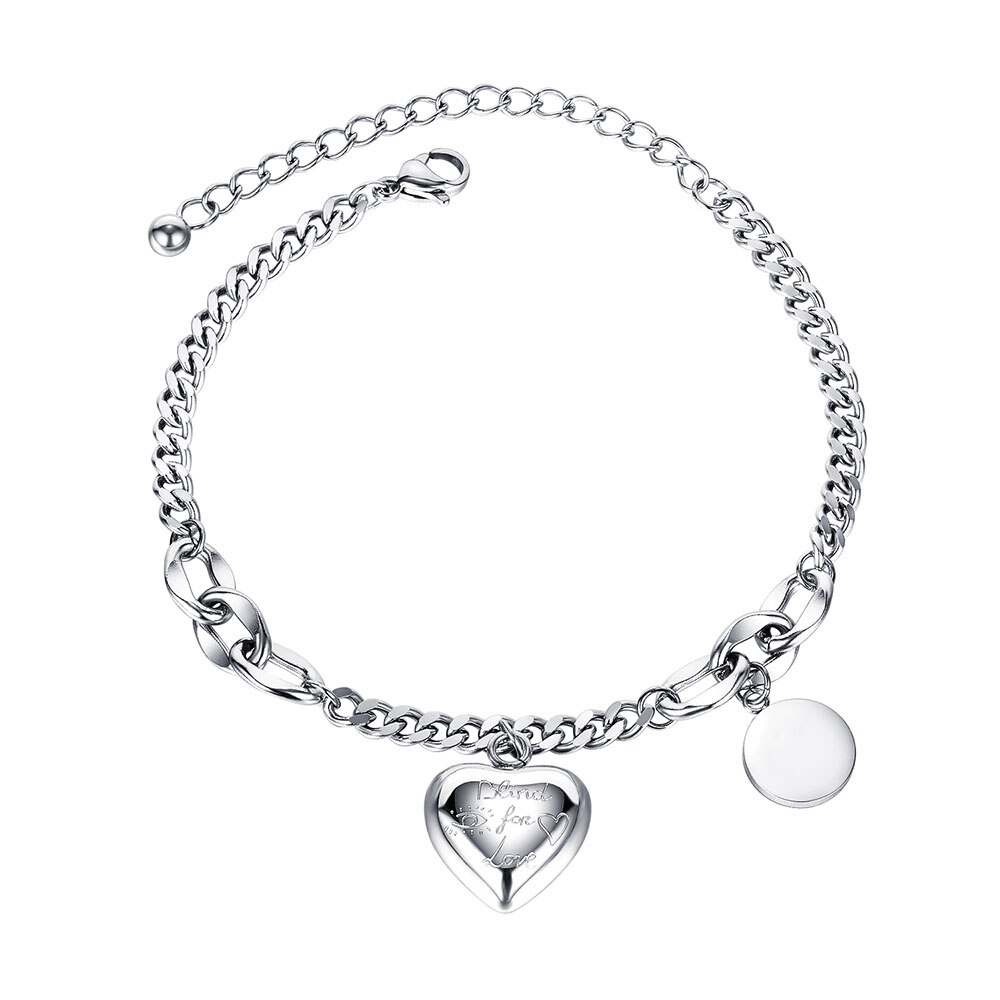 Lokaer Mode Roestvrij Staal Liefde Hart & Ronde Tag Charm Armbanden Voor Vrouwen Meisjes Bohemen Ketting Armband Sieraden B20097: Staal Kleur